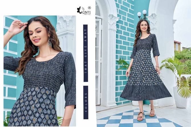 Kinti Blue Ethnic Wear Wholesale Printed Anarkali Kurtis